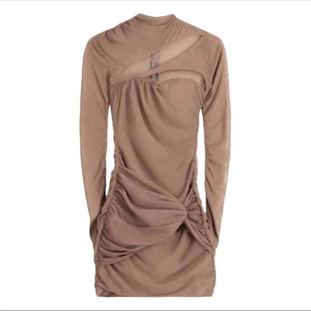 Bershka Brown Ruched Bodycon Dress Asymmetrical Mock Neck - Picture 2 of 3